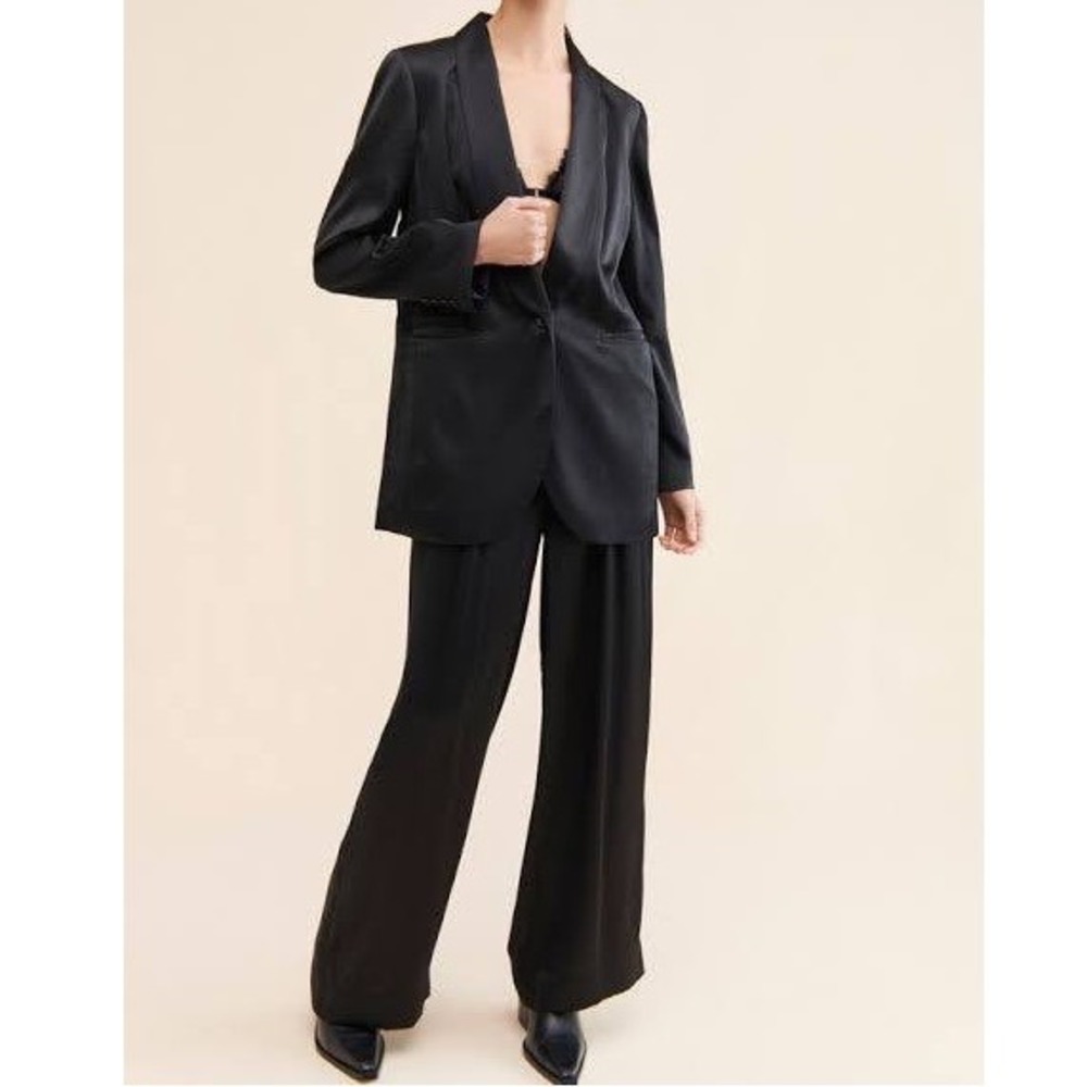 Madewell Oversized Satin Blazer Harlow Wide Leg Pant Suit Set Black 12/14